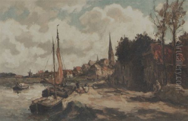 Moored Boats In The Harbour Of Leidschendam Oil Painting by Evert Moll