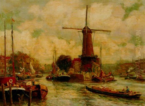 The Harbour Of Delfshaven With The Windmill De Distilleerketel Oil Painting by Evert Moll