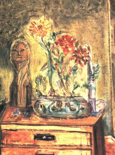 Stilleben Mit Einer Vase Von Blumen, Kerzenhalter Und Statuette Oil Painting by Oskar Moll