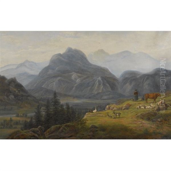 View From Giesbach At The Lake Of Brinzer With Interlaken And The Jura Mountains Oil Painting by Jens Peter (I.P.) Moeller
