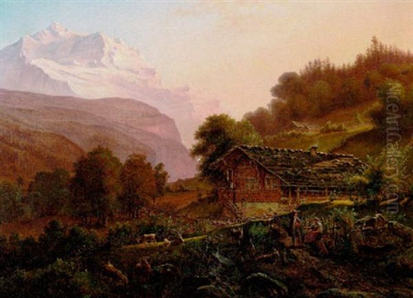 Schweizerisk Vandrings-liv Om Morgenen Oil Painting by Jens Peter (I.P.) Moeller