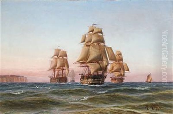 Seascape With Frigates Oil Painting by Thorvald Christian Benjamin Moller