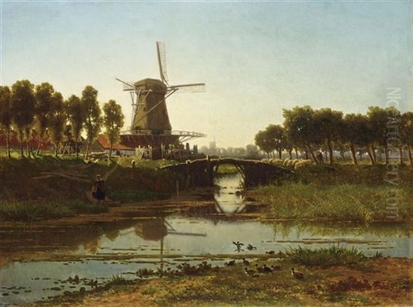 A Windmill In A Summer Landscape Oil Painting by Gerrit Alexander Godart Mollinger