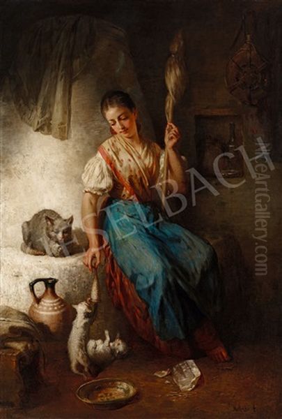 Girl Spinning Oil Painting by Jozsef Molnar