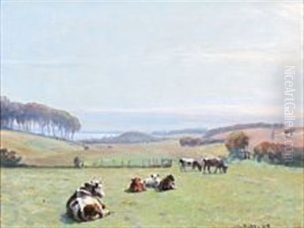 Grazing Cows On A Field Oil Painting by Niels Pedersen Mols