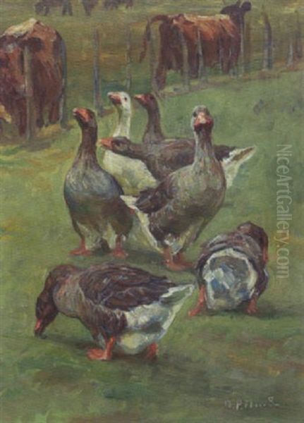 Gaes Og Kreaturer Pa Marken Oil Painting by Niels Pedersen Mols