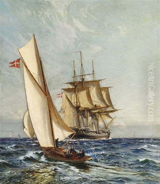 Seascape With A Danish Frigate And In The Foreground A Sailing Boat Oil Painting by Christian Molsted