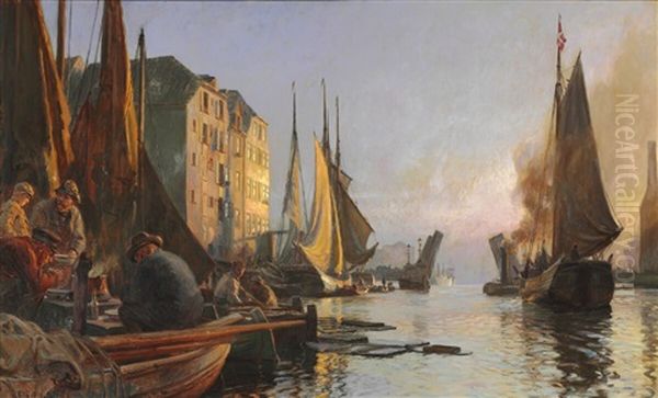 The Harbour At Knippelsbro In Copenhagen Oil Painting by Christian Molsted