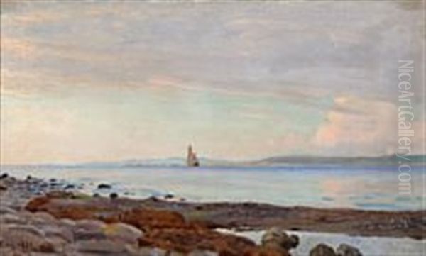 Coastal Scene With A Sailing Ship Seen From The Beach Oil Painting by Christian Molsted