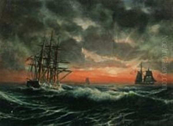 Seascape With Navy Ships At Drogden I Sunrise Oil Painting by Christian Molsted