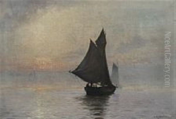 Seascape With Sailing Ships In Misty Weather Oil Painting by Christian Molsted