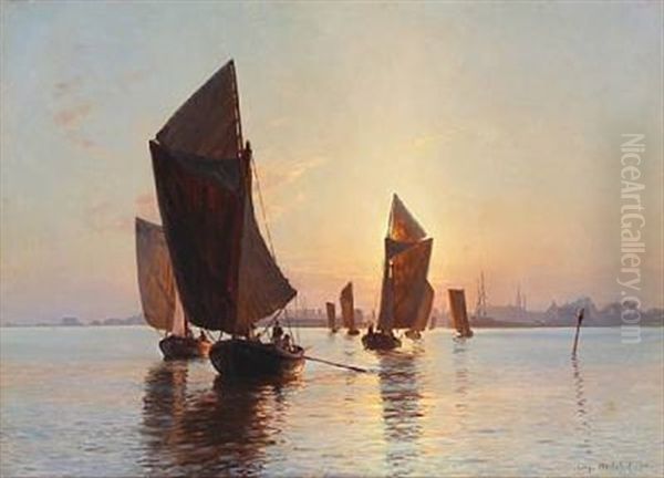 Coastal Scene From Dragor With Fishing Boats At Sunrise Oil Painting by Christian Molsted
