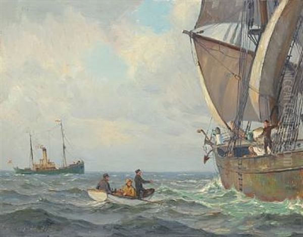 Seascape With A Pilot Entering A Sailing Ship Oil Painting by Christian Molsted