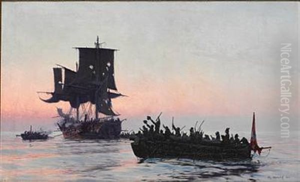 Danish Privateers Intercepting An Enemy Vessel During The Napoleonic Wars Oil Painting by Christian Molsted
