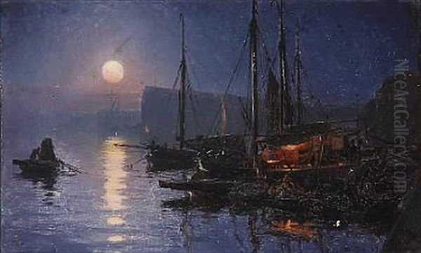 Udsigt Over Havnen Ved Borsgade. Maaneskinsaften I November Oil Painting by Christian Molsted