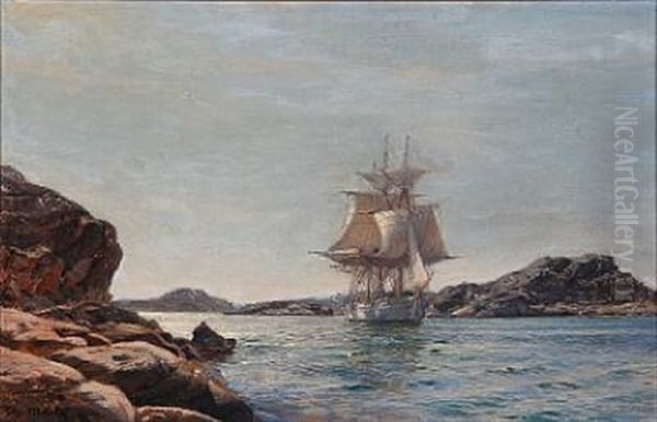 Seascape With A Sailing Ship Between Cliffs Oil Painting by Christian Molsted