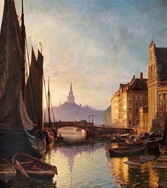 The Canal At Holmens Bro (bridge). In The Background The Spire Of The Helligandskirken. Sunset In May Oil Painting by Christian Molsted