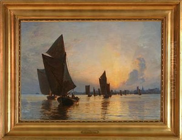 Solnedgang Ved Dragor - Fiskerflaaden Gaar Ud (sunset Above Dragor - The Fisherboats Leaving The Harbour) Oil Painting by Christian Molsted