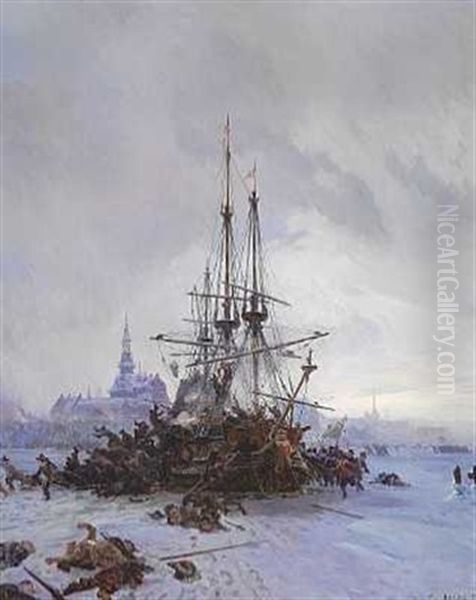 Tidlig Morgen Efter Stormen Pa Kobenhavn, Den 11. Februar 1659. Fregatten Hoienhald Tilbageerobres For Tredie Og Sidste Gang I Lobet Af Samme Nat Oil Painting by Christian Molsted
