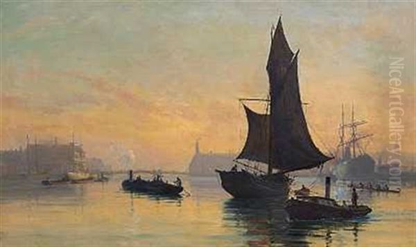 Skibe I Kobenhavns Havn Ved Solnedgangstide Oil Painting by Christian Molsted