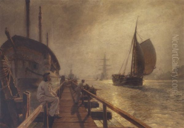 Bygevejr I Havnen Ved Honsebroen Oil Painting by Christian Molsted