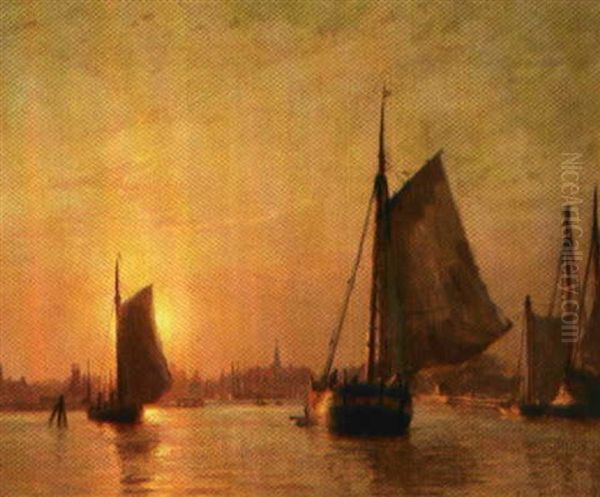 Sejlskibe I Kobenhavns Havn Ved Solnedgang Oil Painting by Christian Molsted