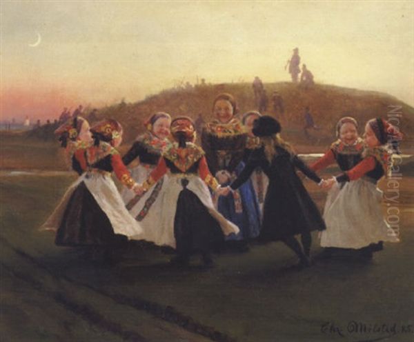 Amagerpiger I Det Frie Dansende Ringdans, Aftenbelysning. I Baggrunden, Drenge Som Lege Soldater. Motivet Fra Dragor Oil Painting by Christian Molsted