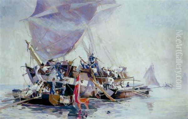 Danske Kanonbade Angriber Engelsk Orlogsbrig Oil Painting by Christian Molsted