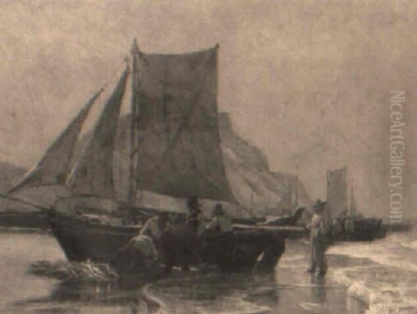 Fiskere Og Bade Pa Stranden Oil Painting by Christian Molsted