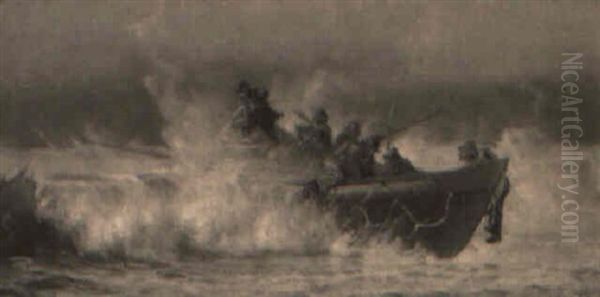 Kystparti Med Fiskerer Der Lander Bad I H+j Br+ndning Oil Painting by Christian Molsted