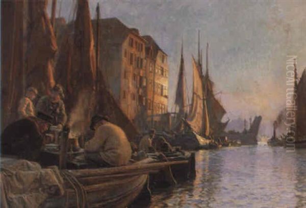 Aftenstemning I Havnen Ved Den Gamle Knippelsbro, Christianshavnssiden Oil Painting by Christian Molsted