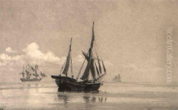 Marine Med Sejlskibe N+r Kysten Oil Painting by Christian Molsted