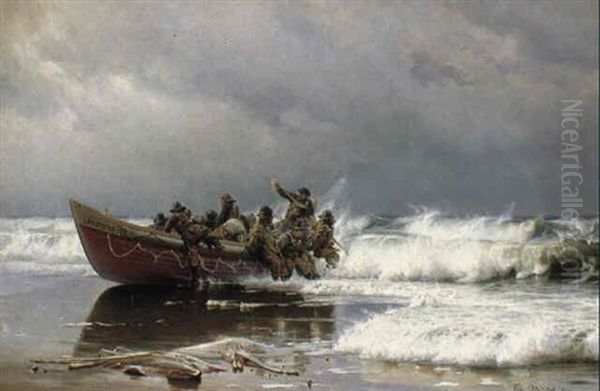 Den Nye Redningsb+d Kommer I Land Fra En Pr+vetur Oil Painting by Christian Molsted