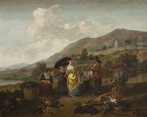 Italian Landscape With A Tradeswoman Oil Painting by Hendrick Mommers