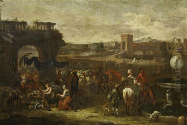 Fischmarkt Vor Weiter Stadtlandschaft Oil Painting by Hendrick Mommers