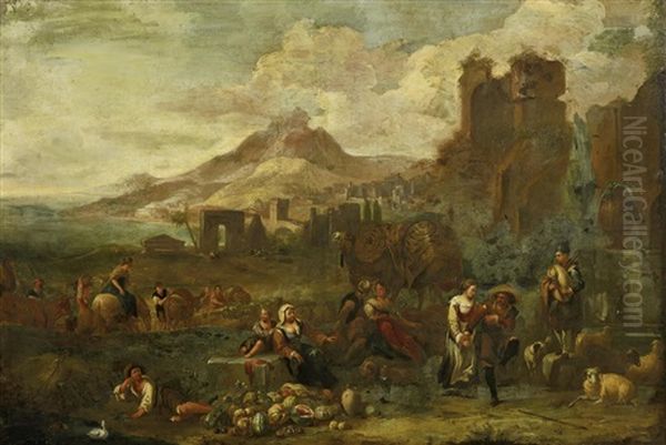 Gemusemarkt Vor Weiter Stadtlandschaft Oil Painting by Hendrick Mommers