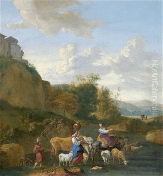 Hirten Mit Ihrer Herde In Einer Sudlichen Landschaft Oil Painting by Hendrick Mommers