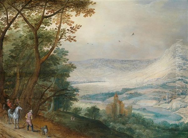 Weite Flusslandschaft Mit Einer Burg Und Reitern Oil Painting by Philips de Momper the Elder