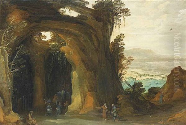 A Landscape With Pilgrims Attending Mass In A Grotto, A Monk Reading In The Foreground Oil Painting by Philips de Momper the Elder