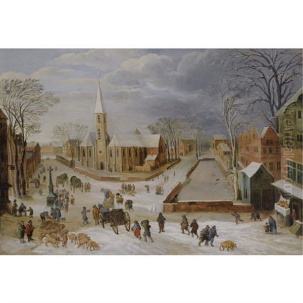 An Urban Winter Landscape With A Farrow Of Pigs In The Foreground Oil Painting by Joos de Momper the Younger
