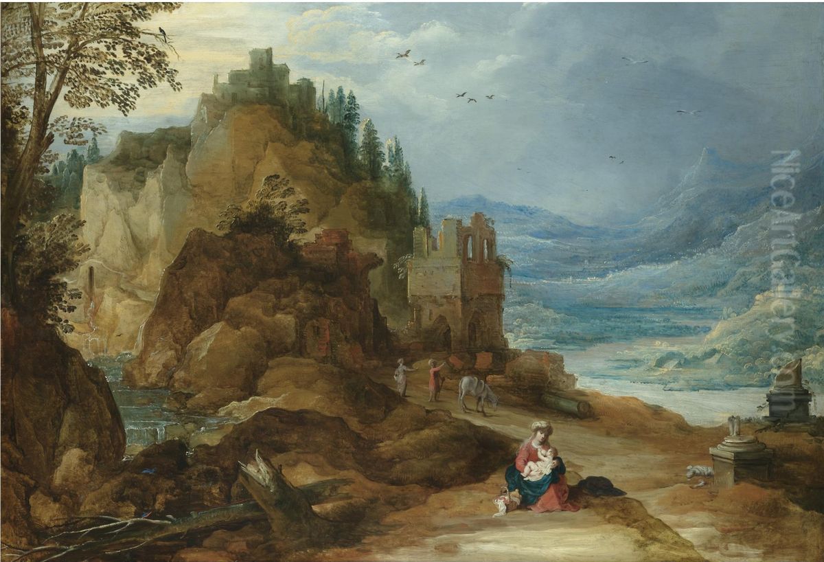 A Mountainous River Landscape With The Rest On The Flight Into Egypt Oil Painting by Joos de Momper the Younger