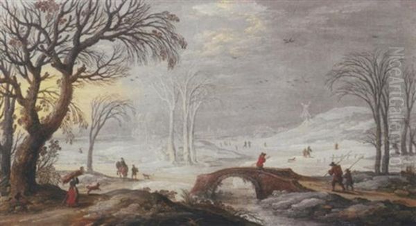 A Winter Landscape With Travellers And Peasants By A Bridge Oil Painting by Joos de Momper the Younger