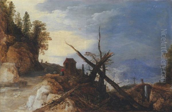 A Mountain Landscape With A Fallen Tree On A Path, A Bridge In The Distance Oil Painting by Joos de Momper the Younger