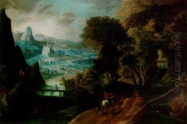 An Extensive River Landscape With Travellers On A Track And A Town In The Distance Oil Painting by Joos de Momper the Younger