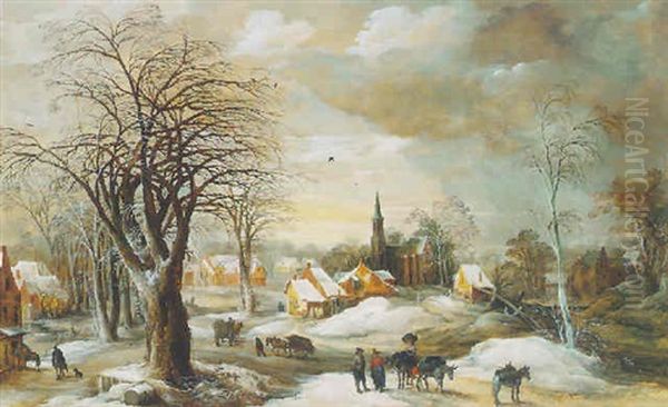 Village Landscape In Winter With Mulateers, Carts Laden With Wood And Two Riders Halted At An Inn Oil Painting by Joos de Momper the Younger
