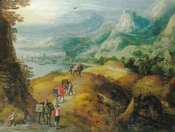 Paysans Sur Un Chemin Dominant Un Port Mediterraneen Oil Painting by Joos de Momper the Younger