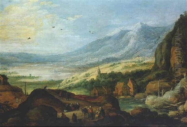 An Extensive Alpine Landscape With A Watermill, Peasants Resting On A Track In The Foreground Oil Painting by Joos de Momper the Younger