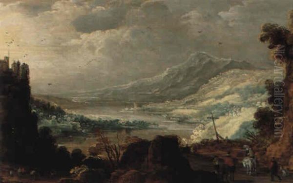 Paysage De Montagne Avec Chateau Au Bord D'un Fleuve Oil Painting by Joos de Momper the Younger