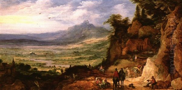Travellers And Horsemen At Rest On A Mountain Road Beside A Stable, An Extensive Landscape Beyond Oil Painting by Joos de Momper the Younger