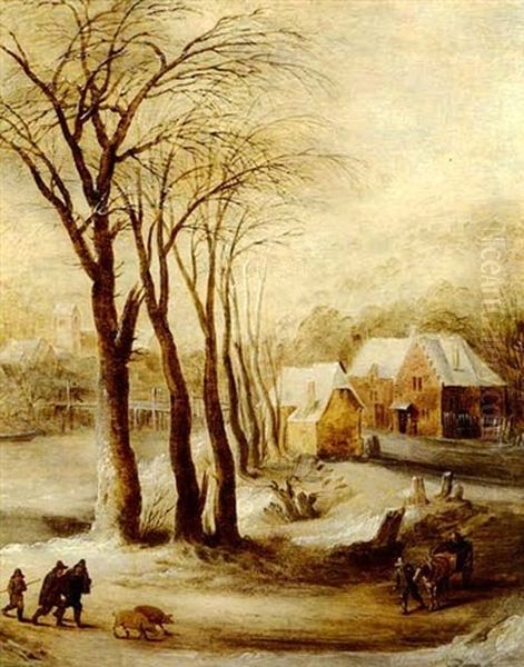 A Village Landscape In Winter With A Horse And Cart And     Travelers On A Path With A Pair Of Pigs Oil Painting by Joos de Momper the Younger